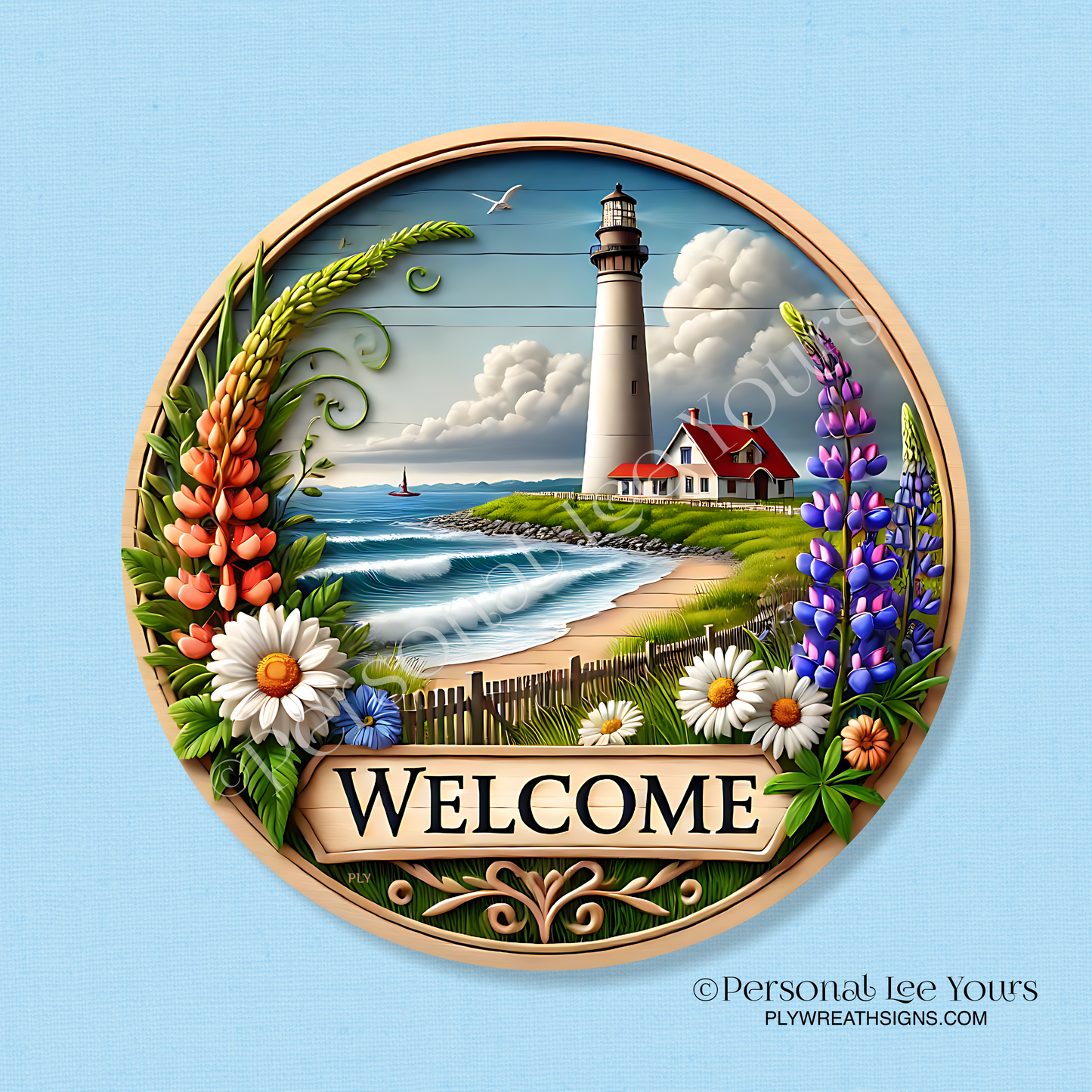 Wreath Sign * Lighthouse Welcome * Round * Lightweight Metal