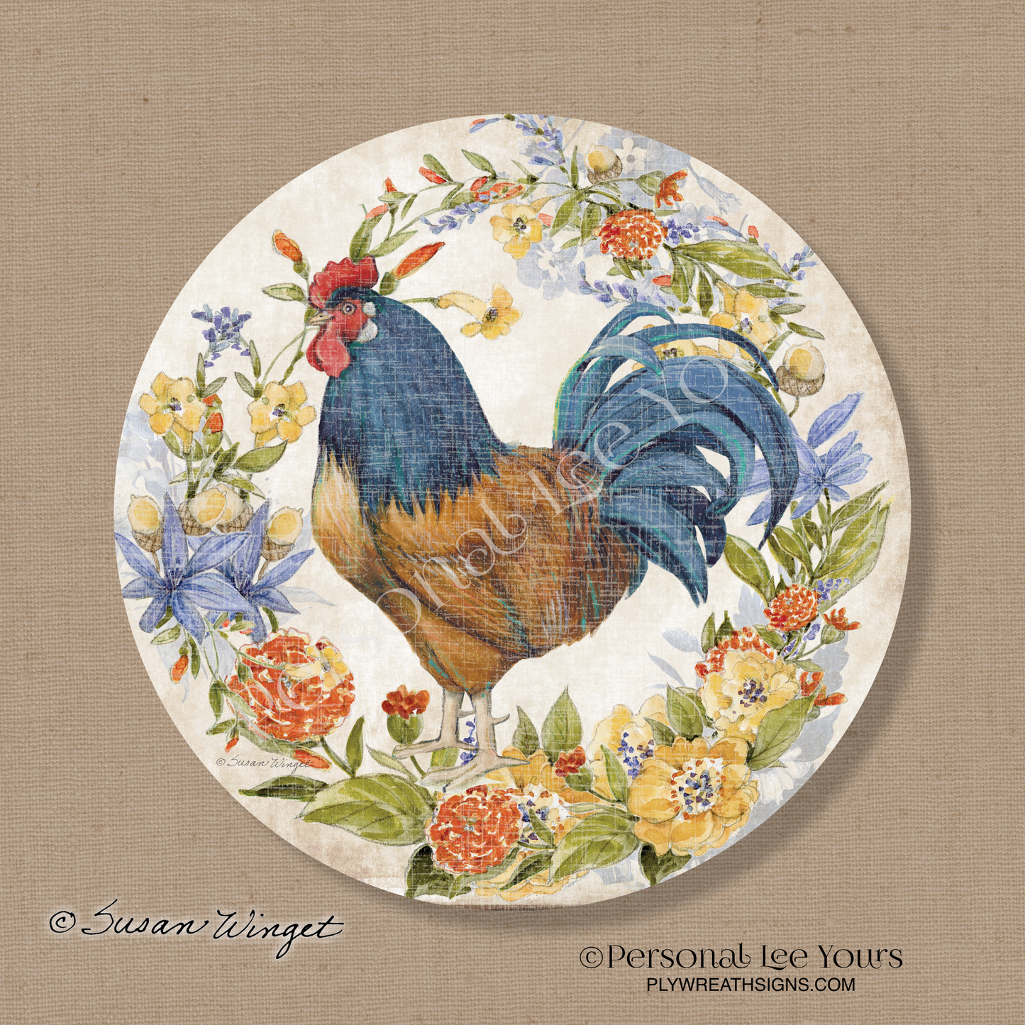 Susan Winget Exclusive Sign * Linen Brown and Blue Rooster * Round * Lightweight Metal