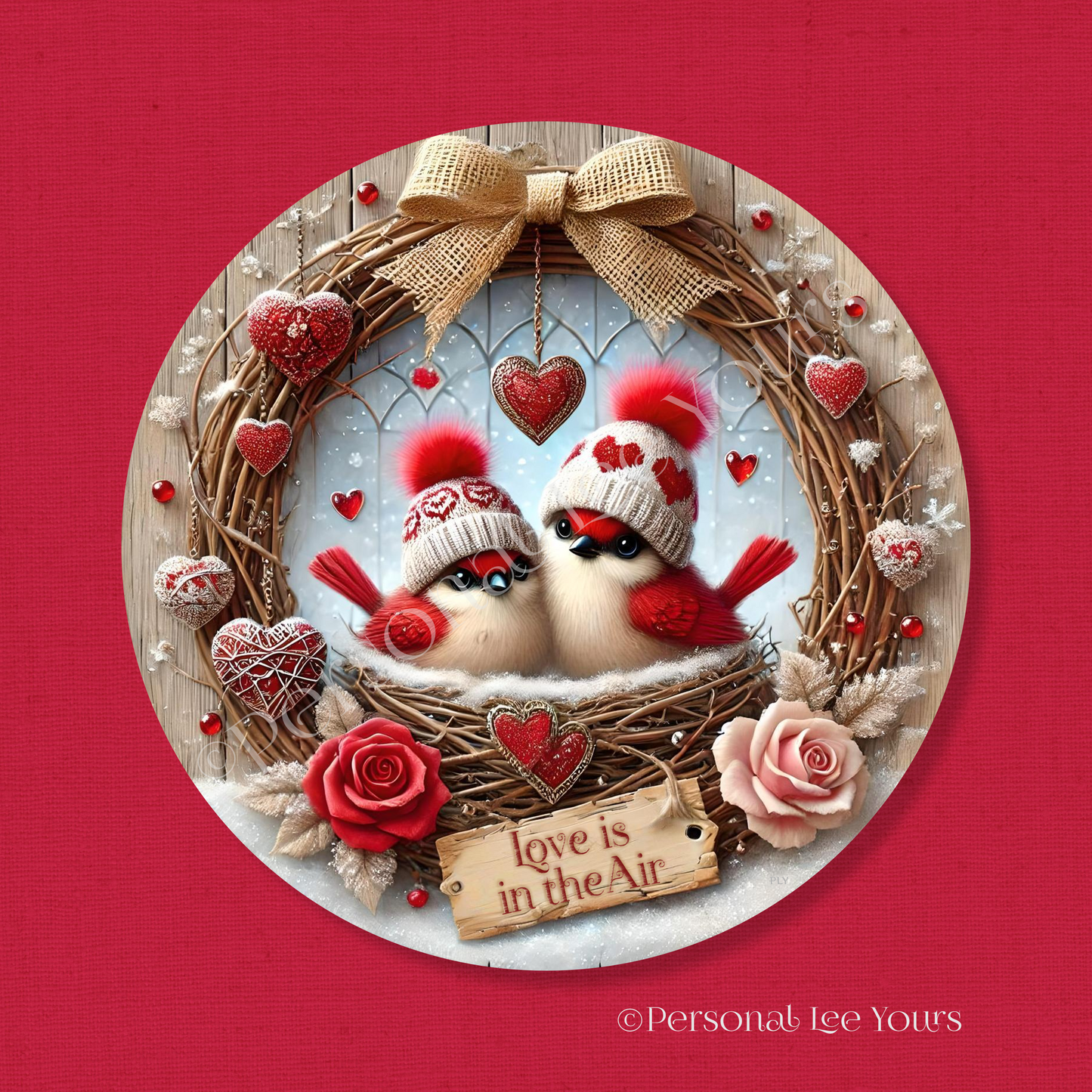 Valentine's Day Wreath Sign * Love Is In The Air * Cardinals * Round * Lightweight Metal