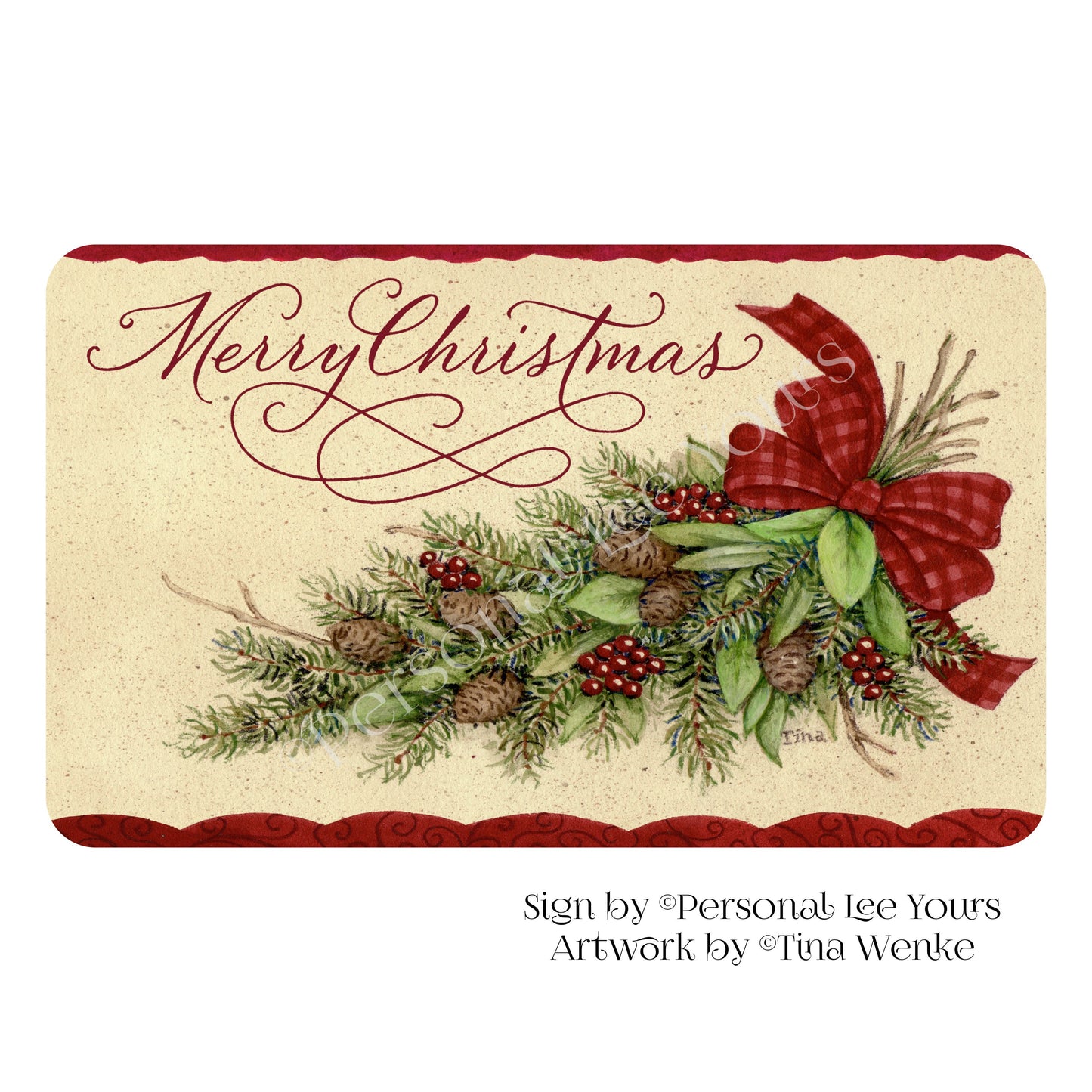 Tina Wenke Exclusive Sign * Merry Christmas, Holiday Bough * Horizontal * 4 Sizes * Lightweight Metal