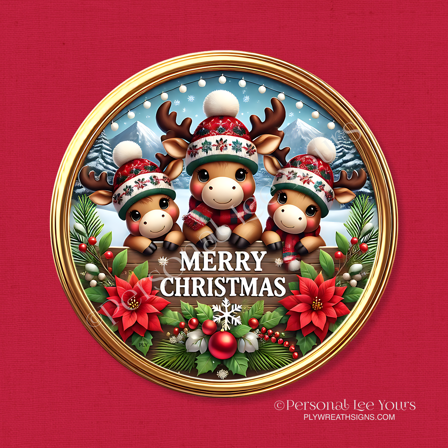 Wreath Sign * Merry Christmas Moose Trio * Round * Lightweight Metal