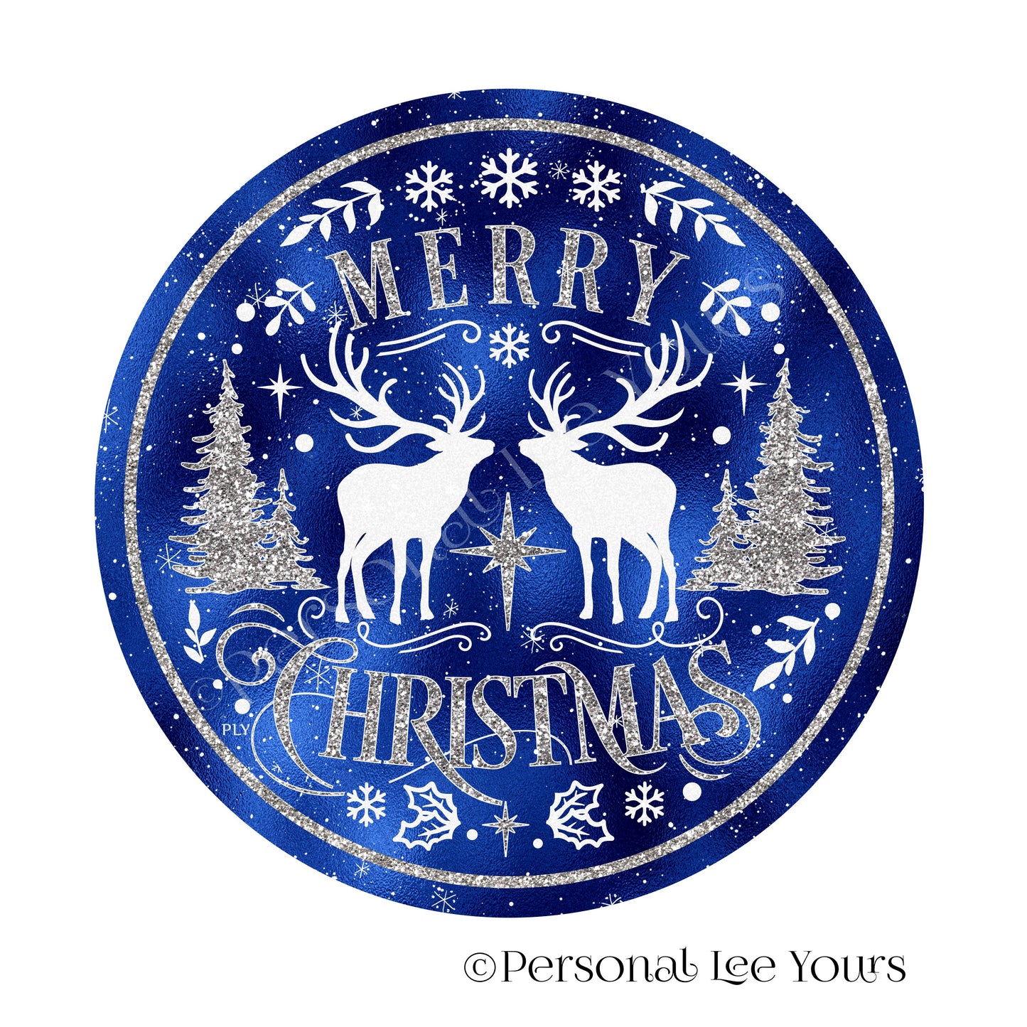 Holiday Wreath Sign * Merry Christmas Reindeers * Blue * Round * Lightweight Metal