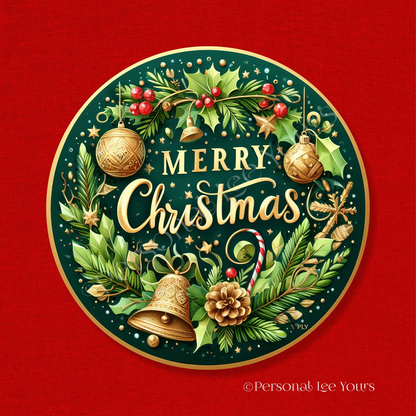 Holiday Wreath Sign * Merry Christmas Touch Of Gold * Round * Lightweight Metal