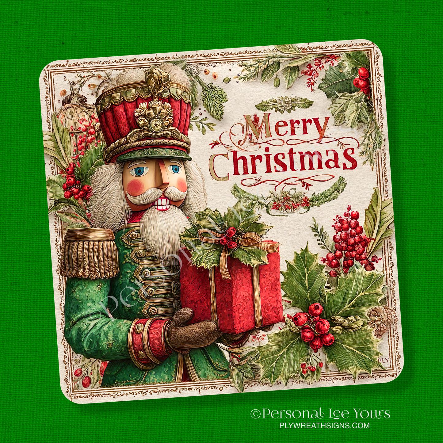 Holiday Wreath Sign * Merry Christmas, Vintage Nutcracker * Square * 3 Sizes * Lightweight Metal