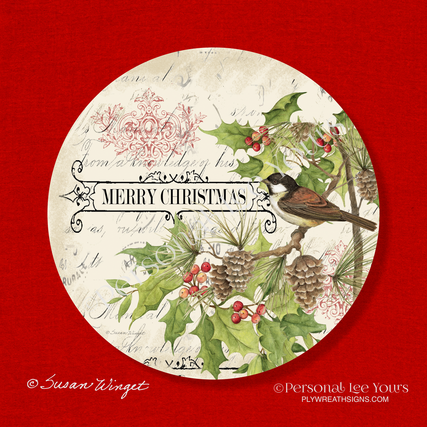 Susan Winget Exclusive Sign * Merry Christmas Chickadee * Round * Lightweight Metal