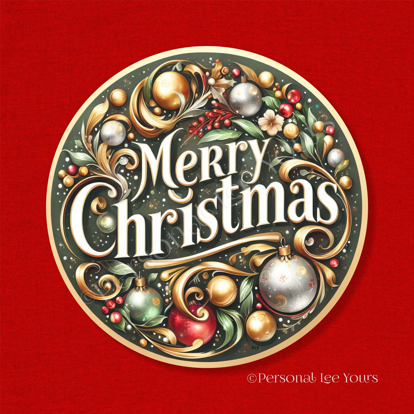 Holiday Wreath Sign * Merry Christmas Ornaments and Scrolls * Round * Lightweight Metal