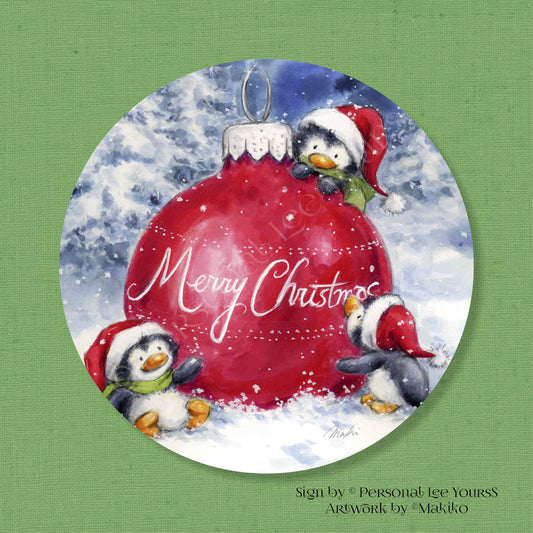 Makiko Exclusive Sign * Merry Christmas Penguins * Round * Lightweight Metal