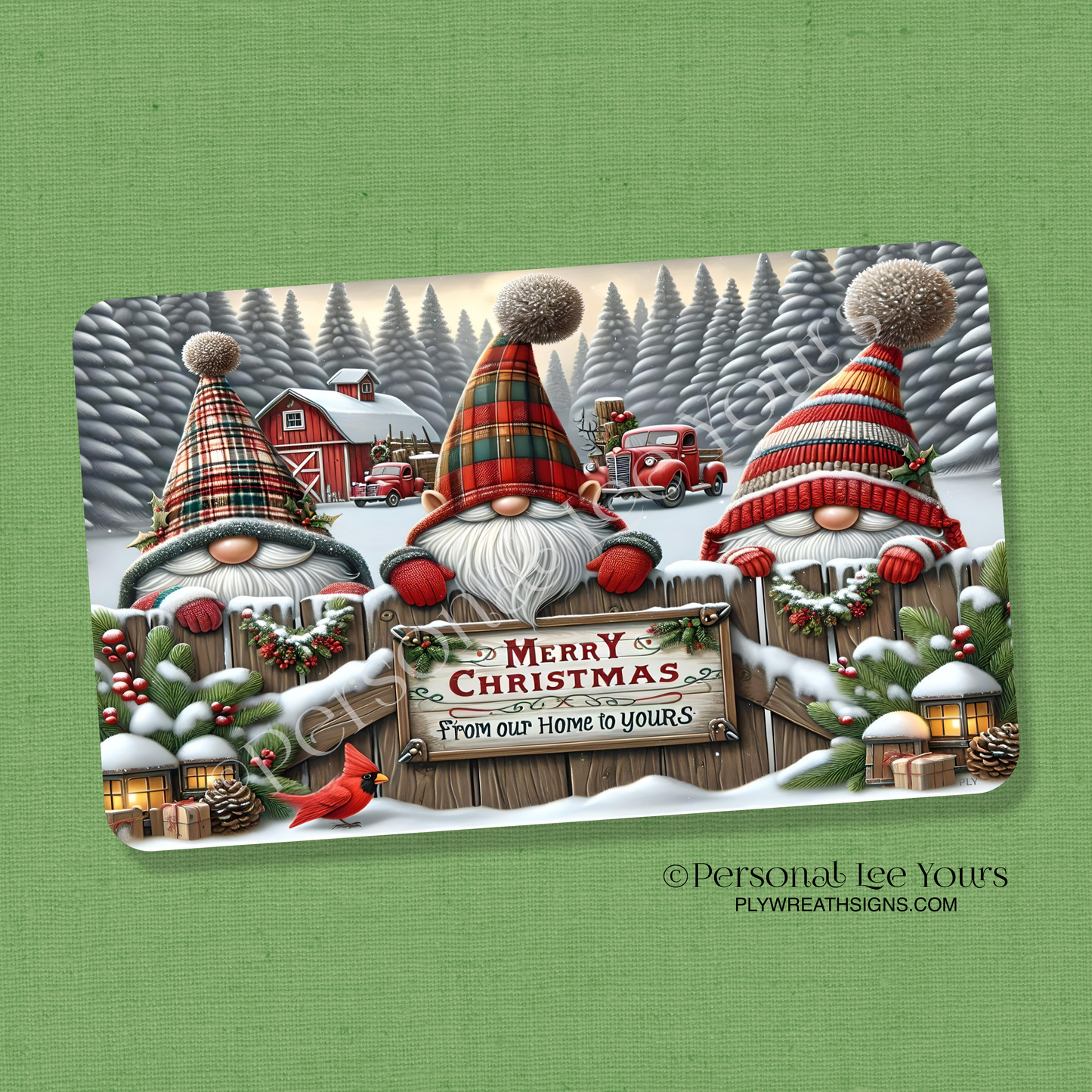 Wreath Sign * Merry Christmas Wishes, Gnomes * Horizontal * 3 Sizes * Lightweight Metal