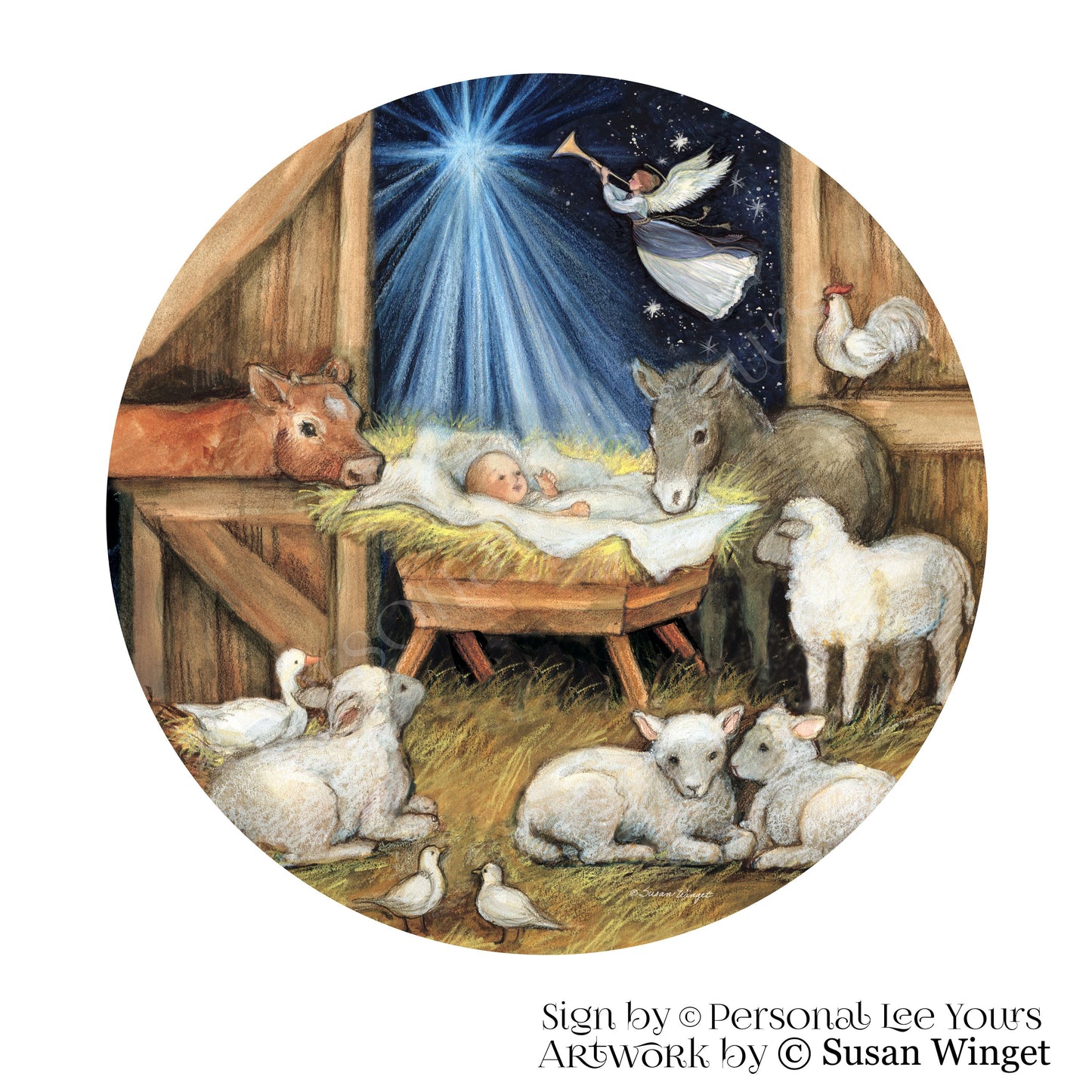 Susan Winget Exclusive Sign * Nativity Barn * Round * Lightweight Metal