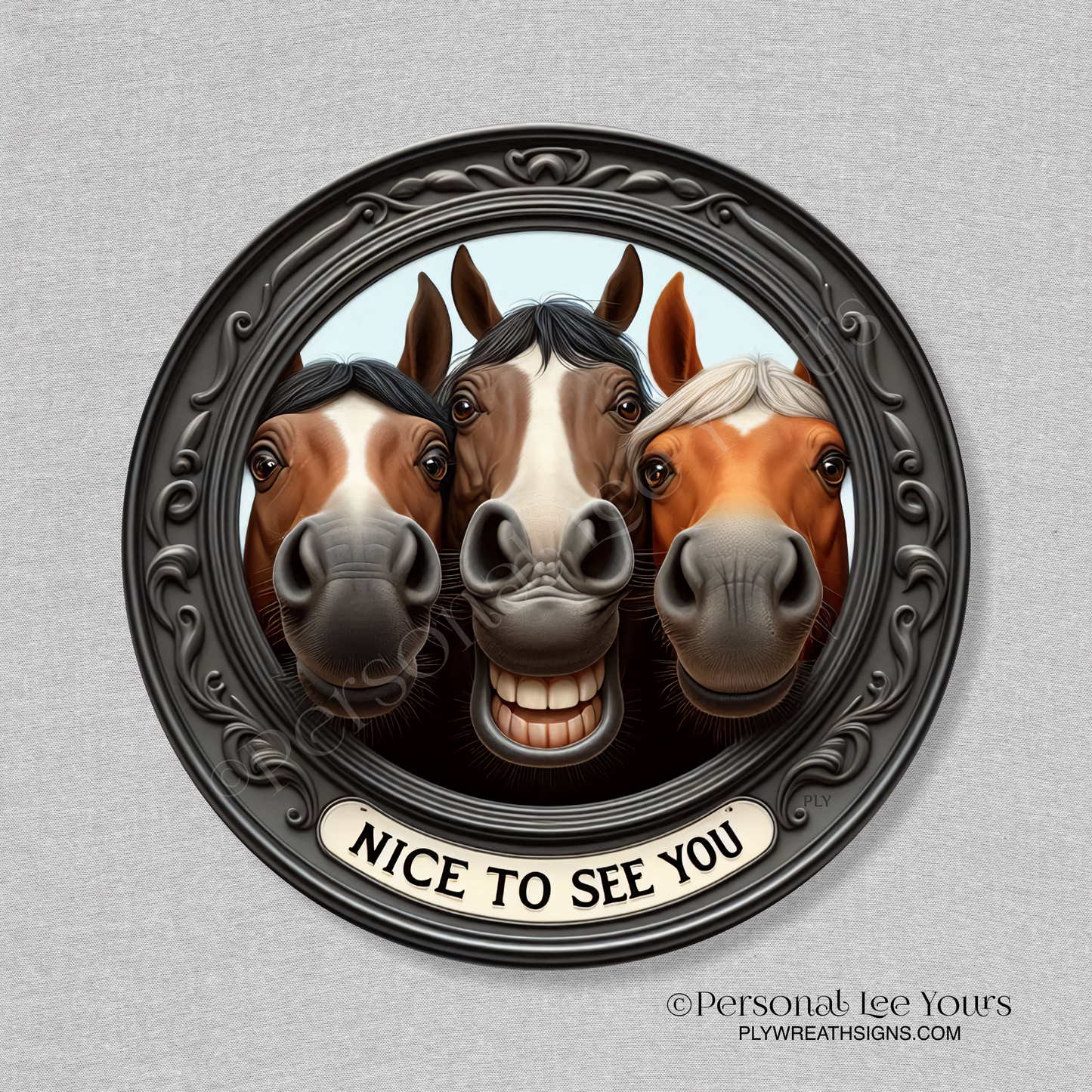 Wreath Sign * Nice To See Your, Horses * Round * Lightweight Metal