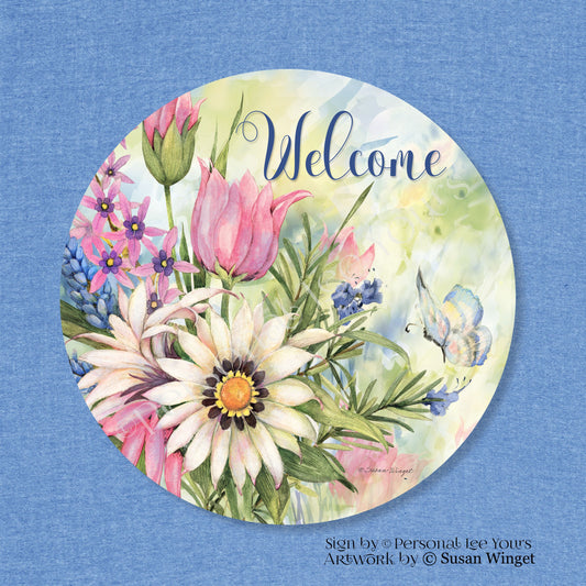 Susan Winget Exclusive Sign * Pastel Flower Welcome * Round * Lightweight Metal