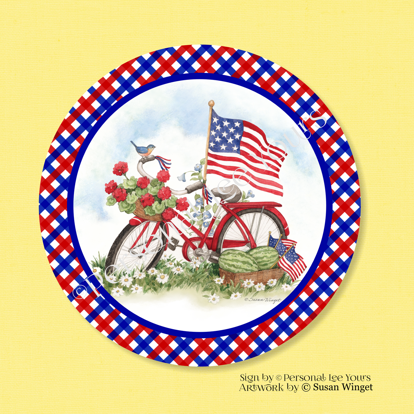 Susan Winget Exclusive Sign * Patriotic Bicycle With Border * Round * Lightweight Metal