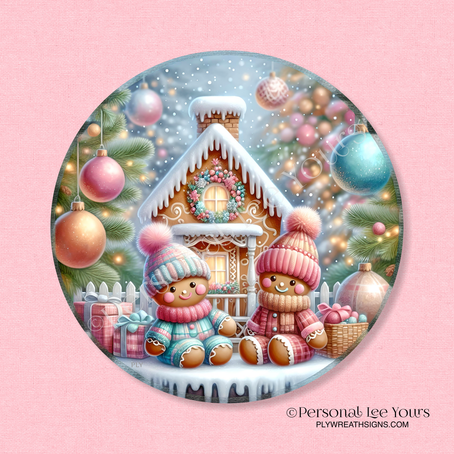 Holiday Wreath Sign * Christmas, Pink and Mint Gingerbread * Round * Lightweight Metal