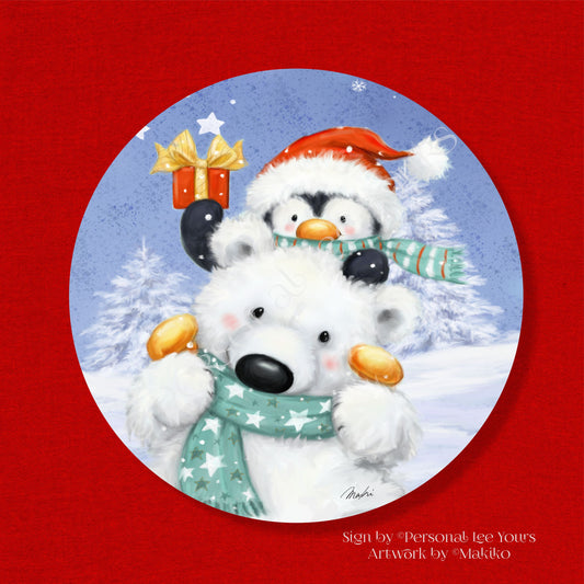 Makiko Exclusive Sign * Polar Bear and Penguin Christmas * Round * Lightweight Metal