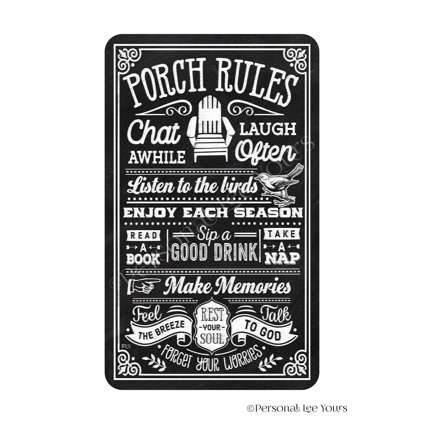 Wreath Sign * Porch Rules * Vertical * Lightweight Metal * Black, Red or Blue