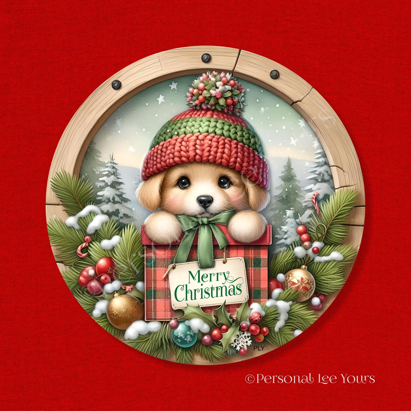 Wreath Sign * Merry Christmas Puppy * Round * Lightweight Metal