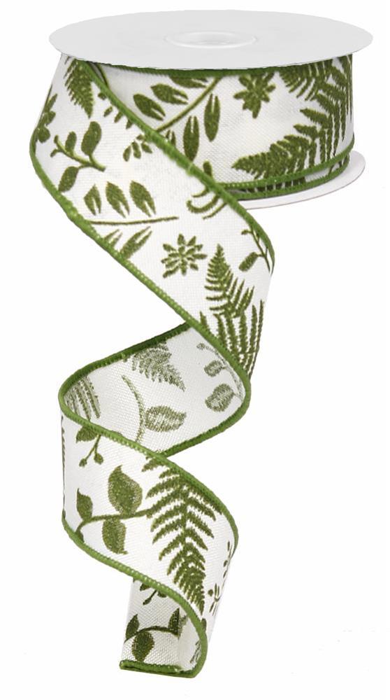 Wired Ribbon * Embroidered Greenery * Ivory and Green Canvas * 1.5" x 10 Yards * RG01308XT