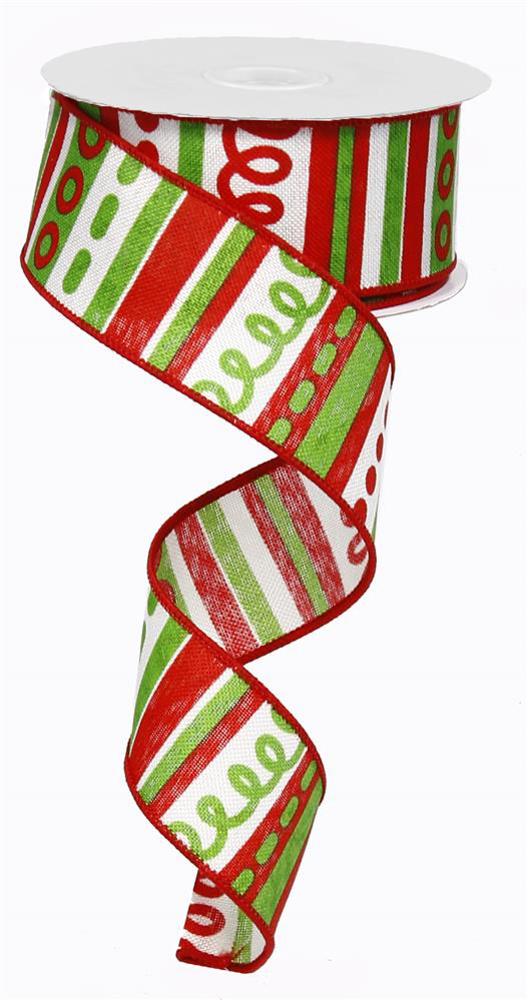 Wired Ribbon * Loopy Stripes  * Ivory, Red and Lime  * 1.5" x 10 Yards  Canvas * RG01314YA