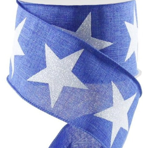Patriotic Wired Ribbon * Bold Glitter Stars * Royal Blue and White * 2.5" x 10 Yards * RG0166325 * Royal Canvas