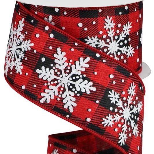 Wired Ribbon * Glitter Snowflakes on Royal  * Red, Black, White and Silver  * 2.5" x 10 Yards  Canvas * RG01764A9