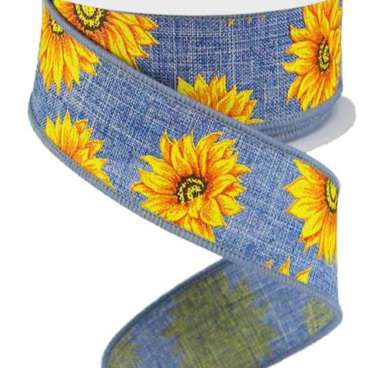 Wired Ribbon * Multi Sunflowers on Denim * Blue, Yellow, Orange, Rust and Brown * 1.5" x 10 Yards * RG01872CT