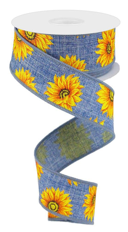 Wired Ribbon * Multi Sunflowers on Denim * Blue, Yellow, Orange, Rust and Brown * 1.5" x 10 Yards * RG01872CT