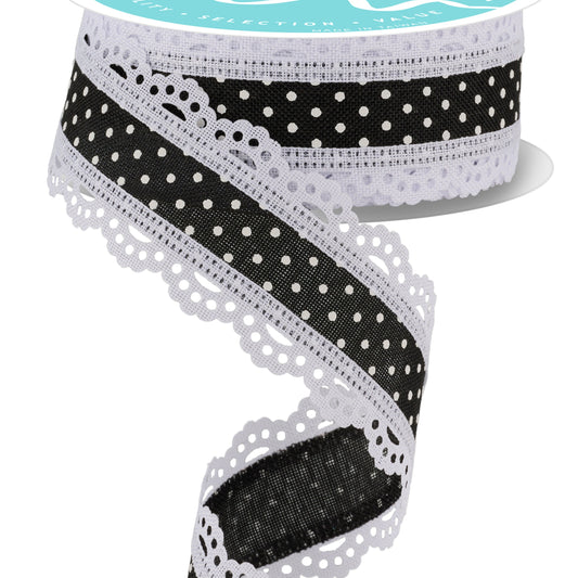 Wired Ribbon * Swiss Dot with Scalloped Edge * Black and White Canvas * 1.5" x 10 Yards * RG0886902