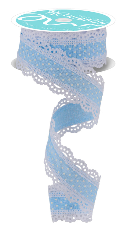 Wired Ribbon * Swiss Dot with Scalloped Edge * Pale Blue and White Canvas * 1.5" x 10 Yards * RG0886914