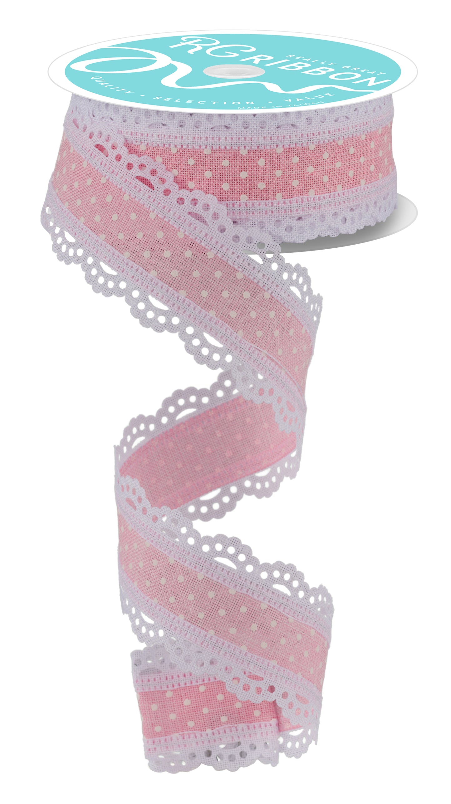 Wired Ribbon * Swiss Dot with Scalloped Edge * Light Pink and White Canvas * 1.5" x 10 Yards * RG0886915