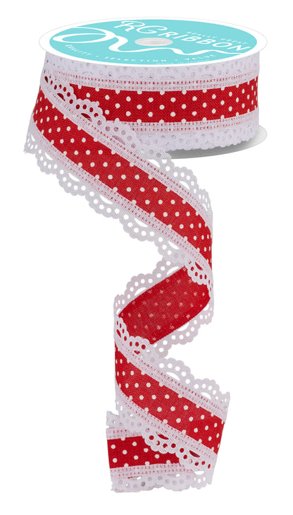 Wired Ribbon * Swiss Dot with Scalloped Edge * Red and White Canvas * 1.5" x 10 Yards * RG0886924