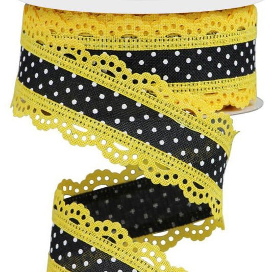 Wired Ribbon * Swiss Dot with Scalloped Edge * Yellow, Black and White Canvas * 1.5" x 10 Yards * RG08869CJ