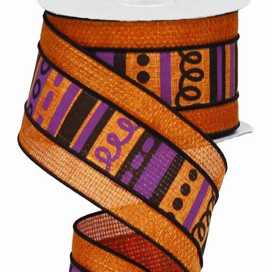 Halloween Wired Ribbon * Loopy Stripe with Edging * Orange, Purple and Black * 2.5" x 10 Yards * RG8606 * Canvas