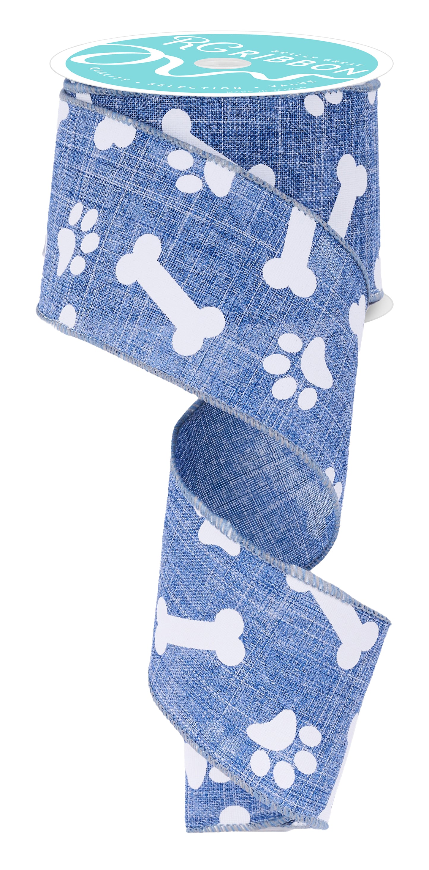 Wired Ribbon * Dog Paw Prints and Bones * Denim and White * 2.5" x 10 Yards * RGA115165 * Canvas