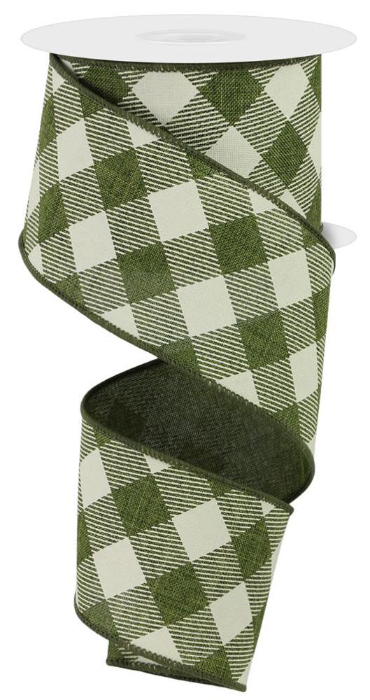 Wired Ribbon * Diagonal Check * Moss Green/Ivory * 2.5" x 10 Yards * RGA127452 * Canvas