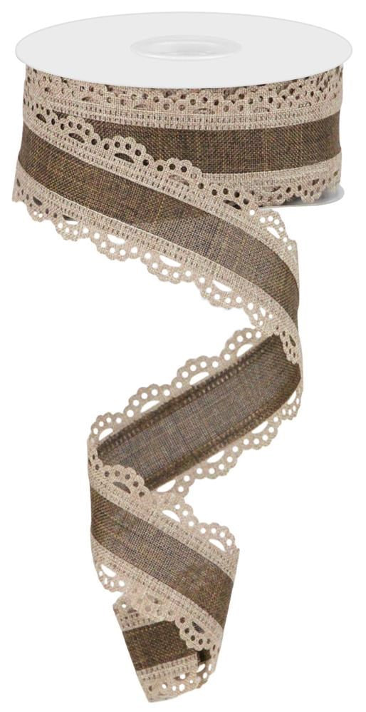 Wired Ribbon * Scalloped Edge * Light Beige/Brown Canvas * 1.5" x 10 Yards * RGA154104