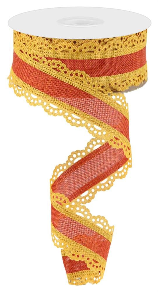 Wired Ribbon * Scalloped Edge * Dark Mustard/Rust Canvas * 1.5" x 10 Yards * RGA1541F4
