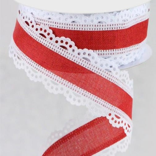 Wired Ribbon * Scalloped Edge * Red and White Canvas * 1.5" x 10 Yards * RGA1541W7
