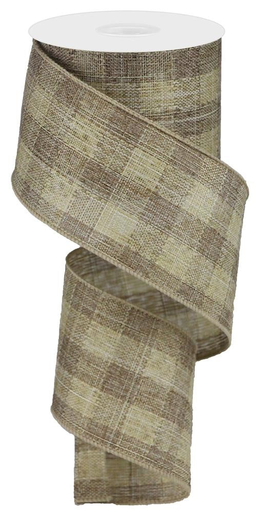 Wired Ribbon * Woven Check Canvas * Lt. Brown and Beige * 2.5" x 10 Yards * RGA177004