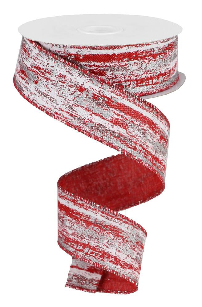 Wired Ribbon * Glitter Metallic Streaks * Red, White and Silver Canvas * 1.5" x 10 Yards Canvas * RGA191724