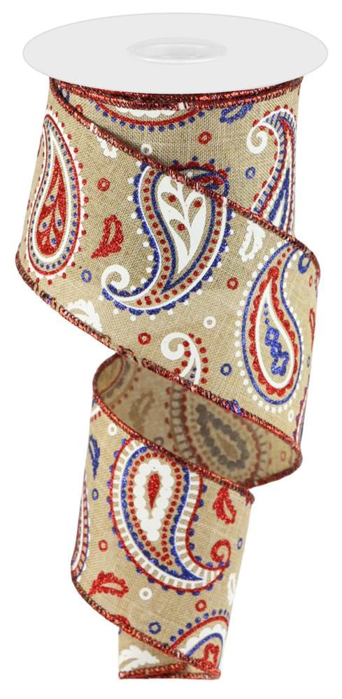 Wired Ribbon * Patriotic Paisley * Lt. Beige, Red, White and Royal Blue * 2.5" x 10 Yards Canvas * RGC1382CJ