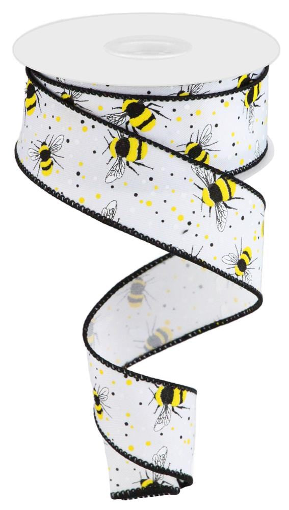 Wired Ribbon * Bumble Bees * White, Yellow and Black Canvas * 1.5" x 10 Yards * RGC1797J3