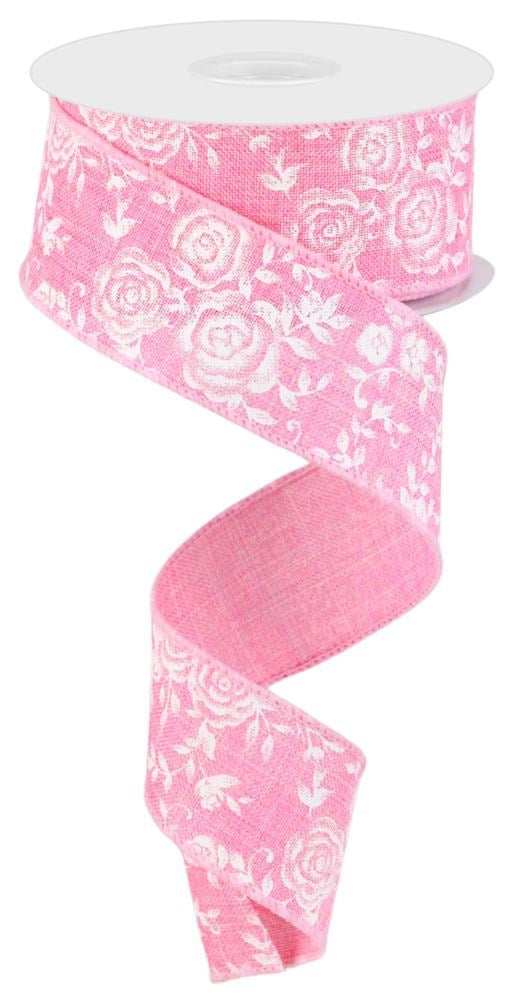 Wired Ribbon * Mini Rose * Pink and White * 1.5" x 10 Yards * Canvas * RGC186022