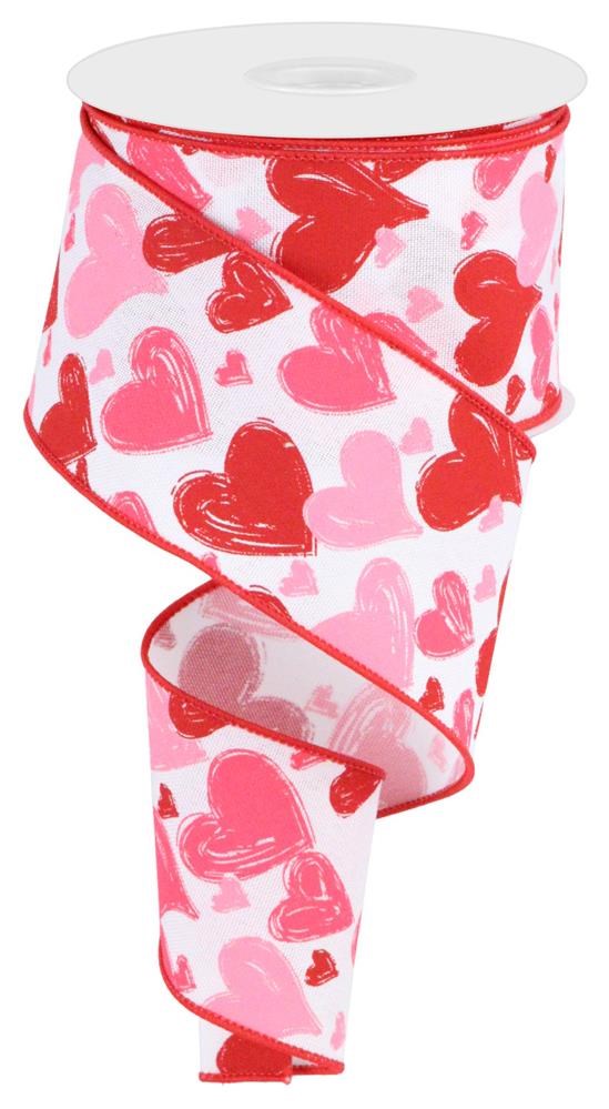 Wired Ribbon * Hand Drawn Hearts * White, Red, Hot Pink and Pink Canvas * 2.5" x 10 Yards * RGC199427