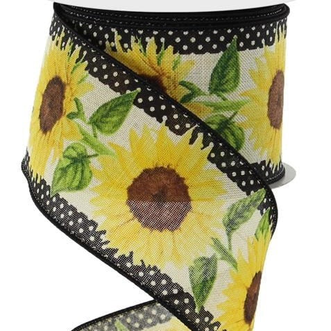 Wired Ribbon * Sunflowers With Polka Dots * Cream, Yellow, Green, Black and Brown Canvas * 2.5" x 10 Yards * RGE1105C2