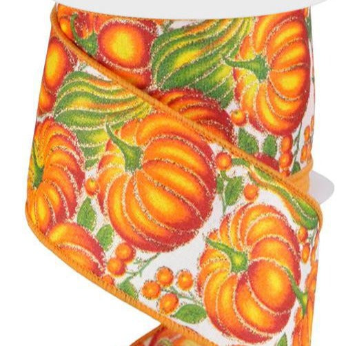 Wired Ribbon * Glitter, Pumpkins/Gourd/Berries * White, Orange,Yellow, Red and Green * 2.5" x 10 Yards * Canvas * RGE1219
