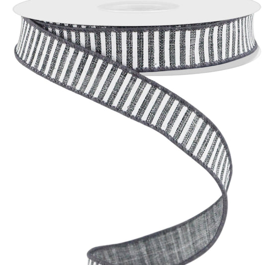 Wired Ribbon * Horizontal Stripes * Grey and White Canvas * 5/8" x 10 Yards * RGE126710