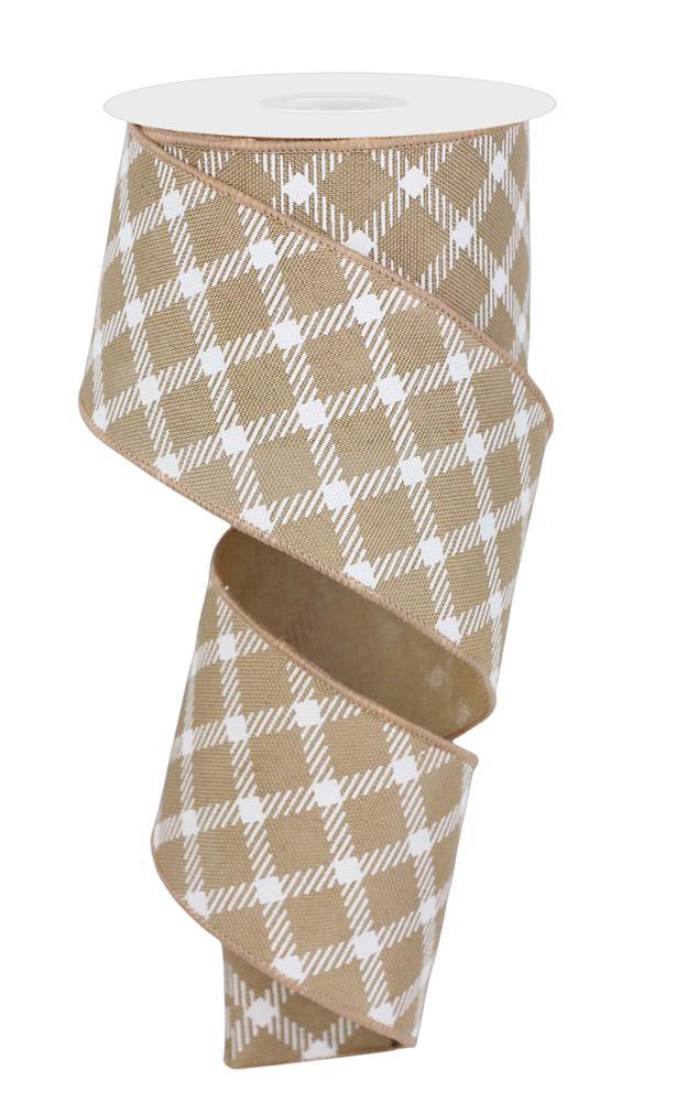 Wired Ribbon * Diamond Check * Beige/White * 2.5" x 10 Yards Canvas * RGE161101