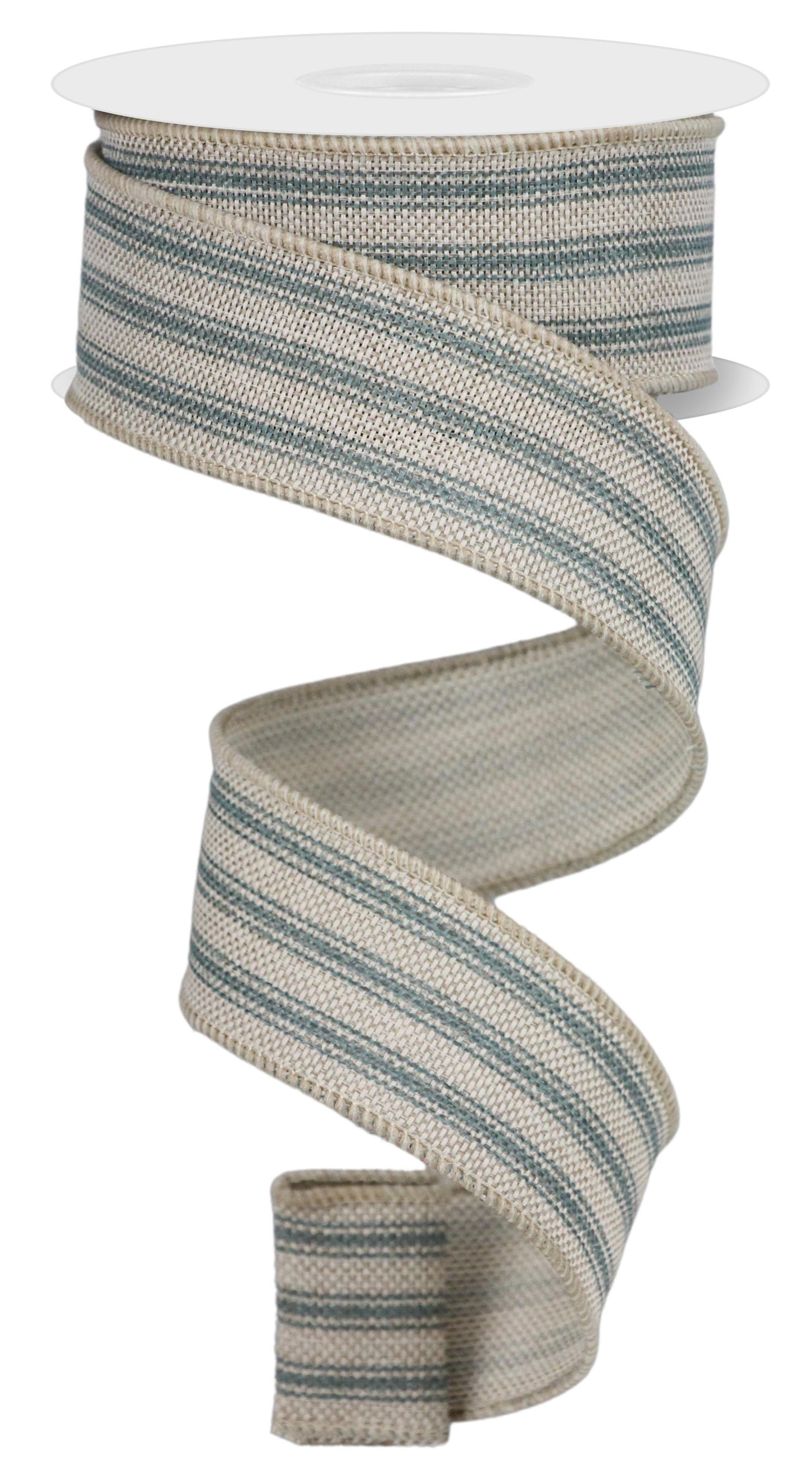 Wired Ribbon * Ticking/Stripe * Light Beige and Smoke Blue * 1.5" x 10 Yards * RGE162701 * Canvas