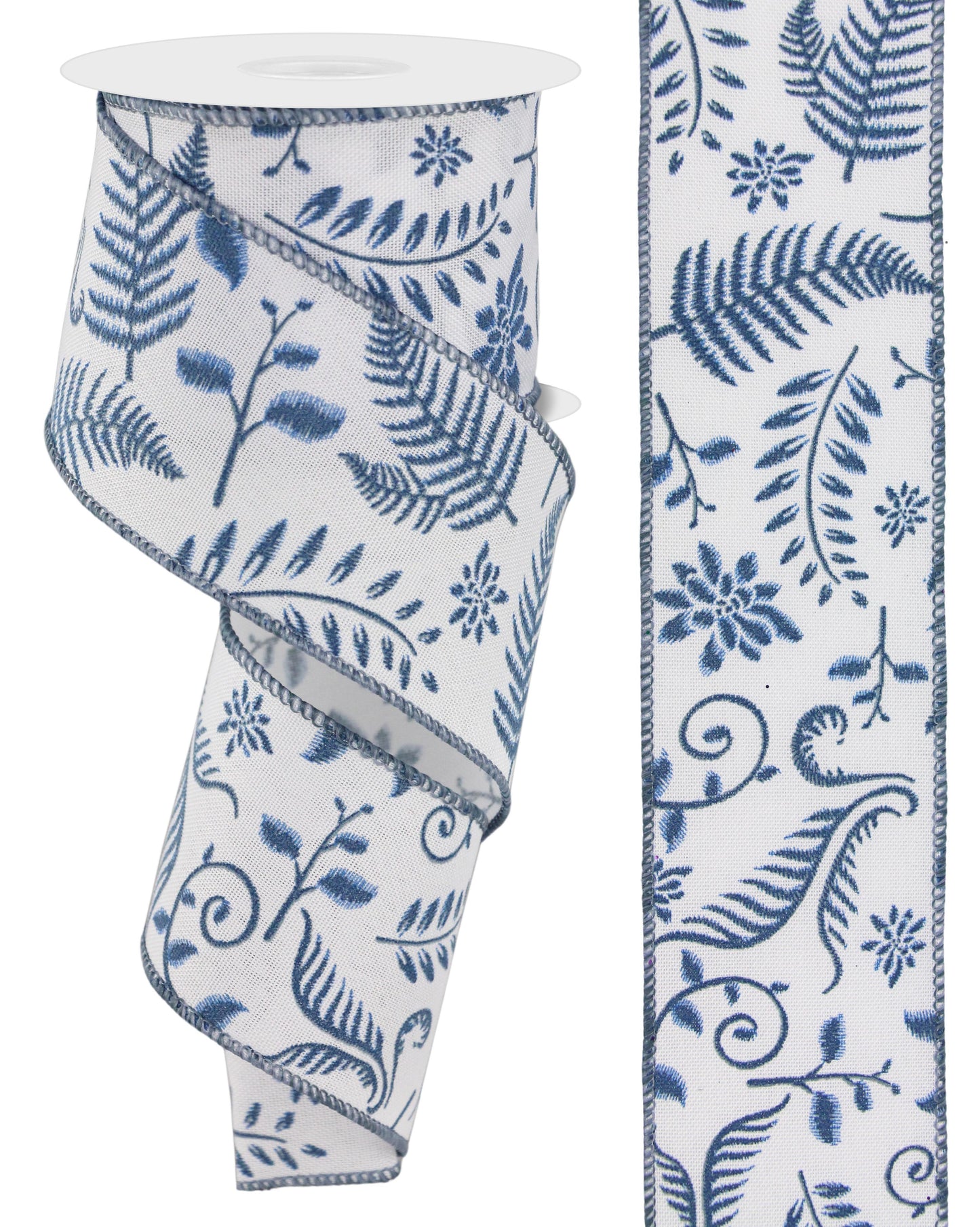 Wired Ribbon * Embroidered Greenery * White, Lt. Blue, Dk. Blue Canvas * 2.5" x 10 Yards * RGE1774WR