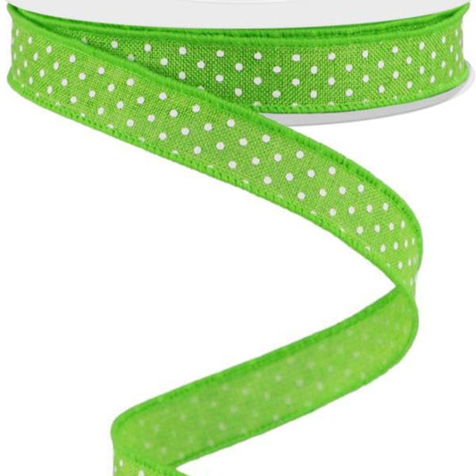 Wired Ribbon * Swiss Dot * Lime Green and White Canvas * 5/8" x 10 Yards * RGE177633